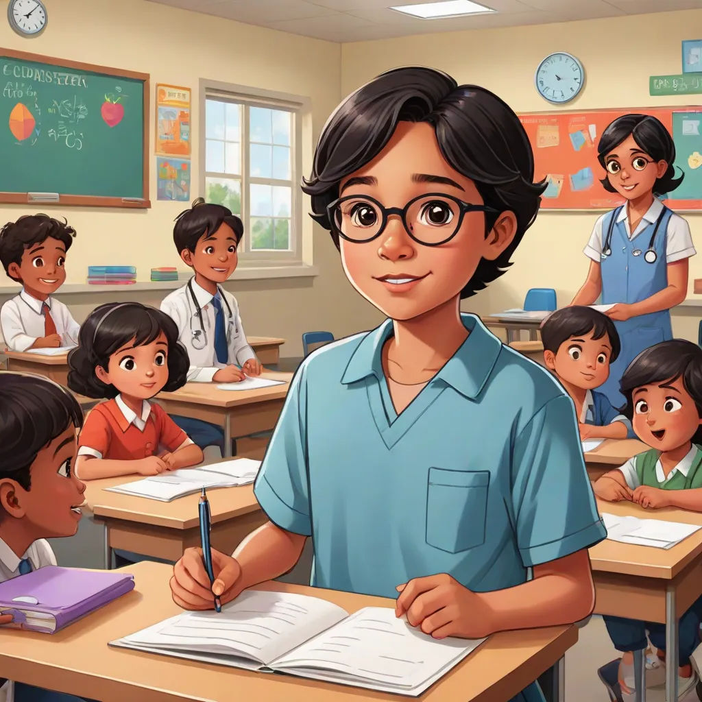 a cartoon of a boy in a classroom with other children in the background and a teacher in the foreground, Fernando Amorsolo, american scene painting, a storybook illustration, official art