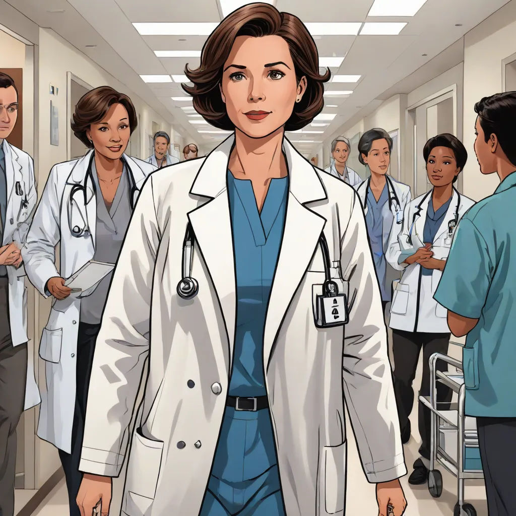 a cartoon of a doctor in a hospital hallway with other doctors in the background and a woman in a blue scrub coat, Florence Engelbach, american scene painting, a comic book panel, promotional image