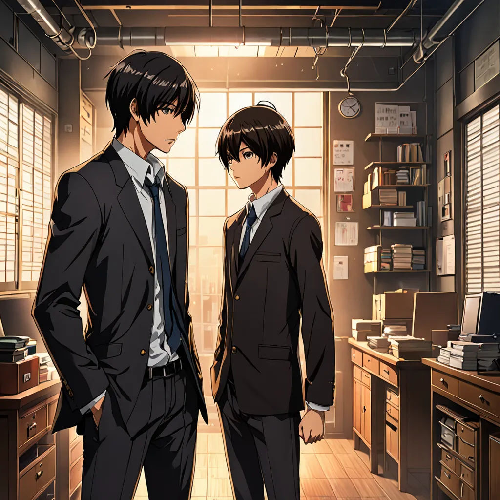 two people in suits standing in a room with a desk and a window in the background and a computer on the desk, serial art, concept art, Ai-Mitsu, anime key visual