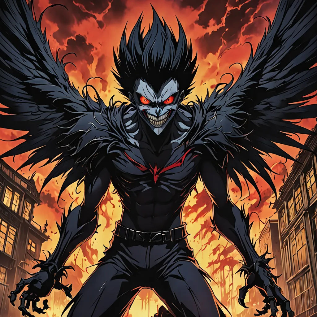 a demonic looking man with wings and a demon face on his chest, standing in front of a city, altermodern, a comic book panel, Dustin Nguyen, comic cover art