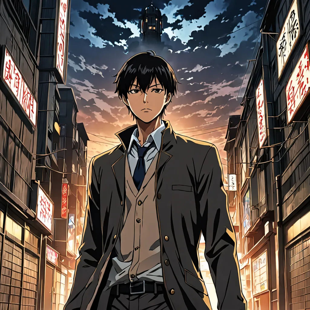 a man in a suit and tie standing in a street at night with a sky background and buildings in the background, rayonism, poster art, Aya Goda, anime key visual
