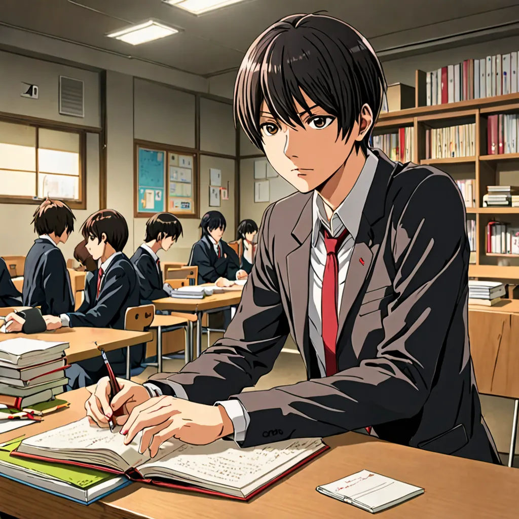 a man sitting at a desk in a classroom with books and papers on it, with other people in the background, sots art, a manga drawing, Awataguchi Takamitsu, official art