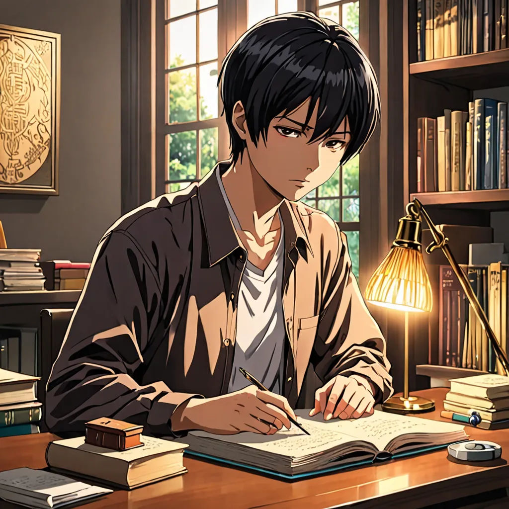 a man sitting at a desk with a book and pen in his hand and a lamp on the desk, remodernism, concept art, Artgerm, official art