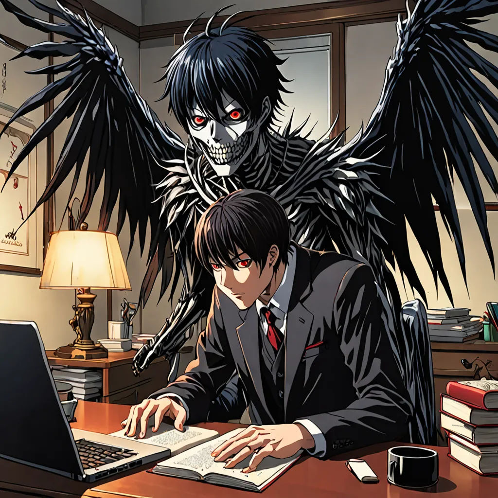 a man sitting at a desk with a laptop computer in front of him and a demonic demon behind him, vanitas, computer graphics, Aya Goda, official art