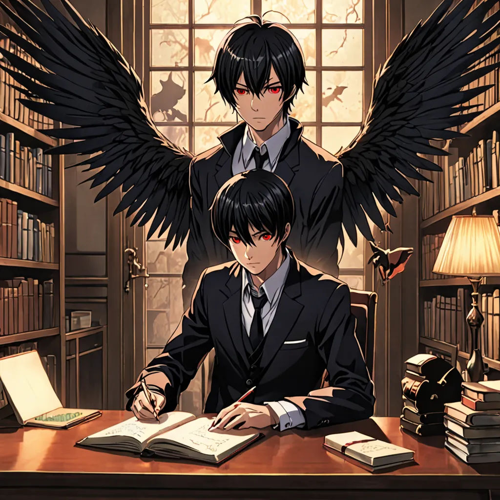 two anime characters sitting at a desk with books and a book case in front of them, one of them has wings on his head, vanitas, an album cover, Aya Goda, official art