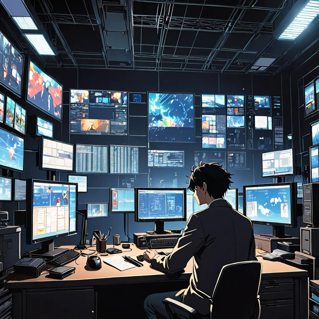 a man sitting at a desk in front of multiple monitors with multiple screens on the wall behind him and a lot of other monitors on the wall, computer art, cyberpunk art, Asaf Hanuka, anime key visual