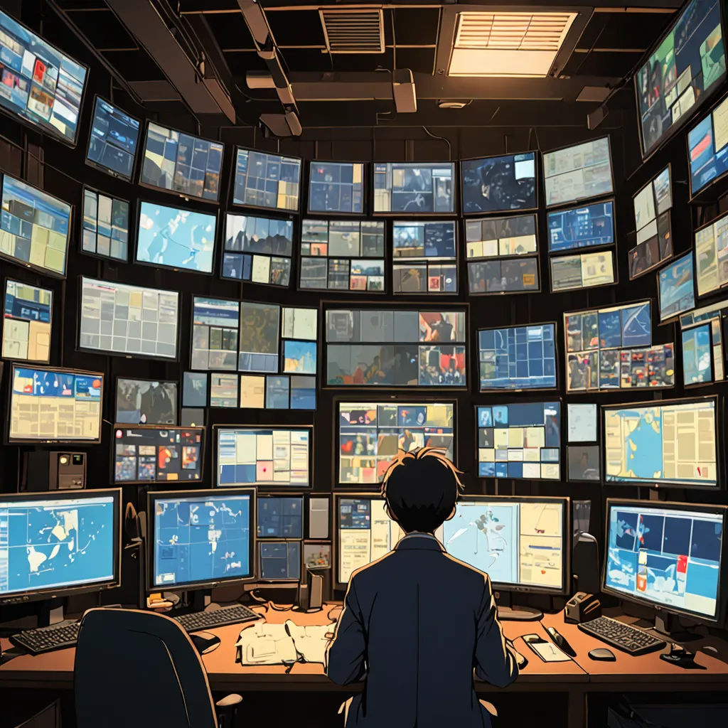 a man is looking at multiple television screens in a room with multiple monitors on the wall and a lot of them, serial art, cyberpunk art, Ai-Mitsu, anime key visual