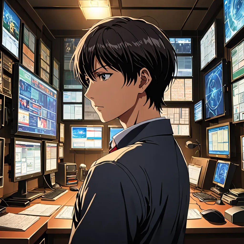 a man standing in front of a bunch of monitors in a room with many screens on the wall and a desk with a computer on it, computer art, computer graphics, Cedric Seaut (Keos Masons), anime key visual