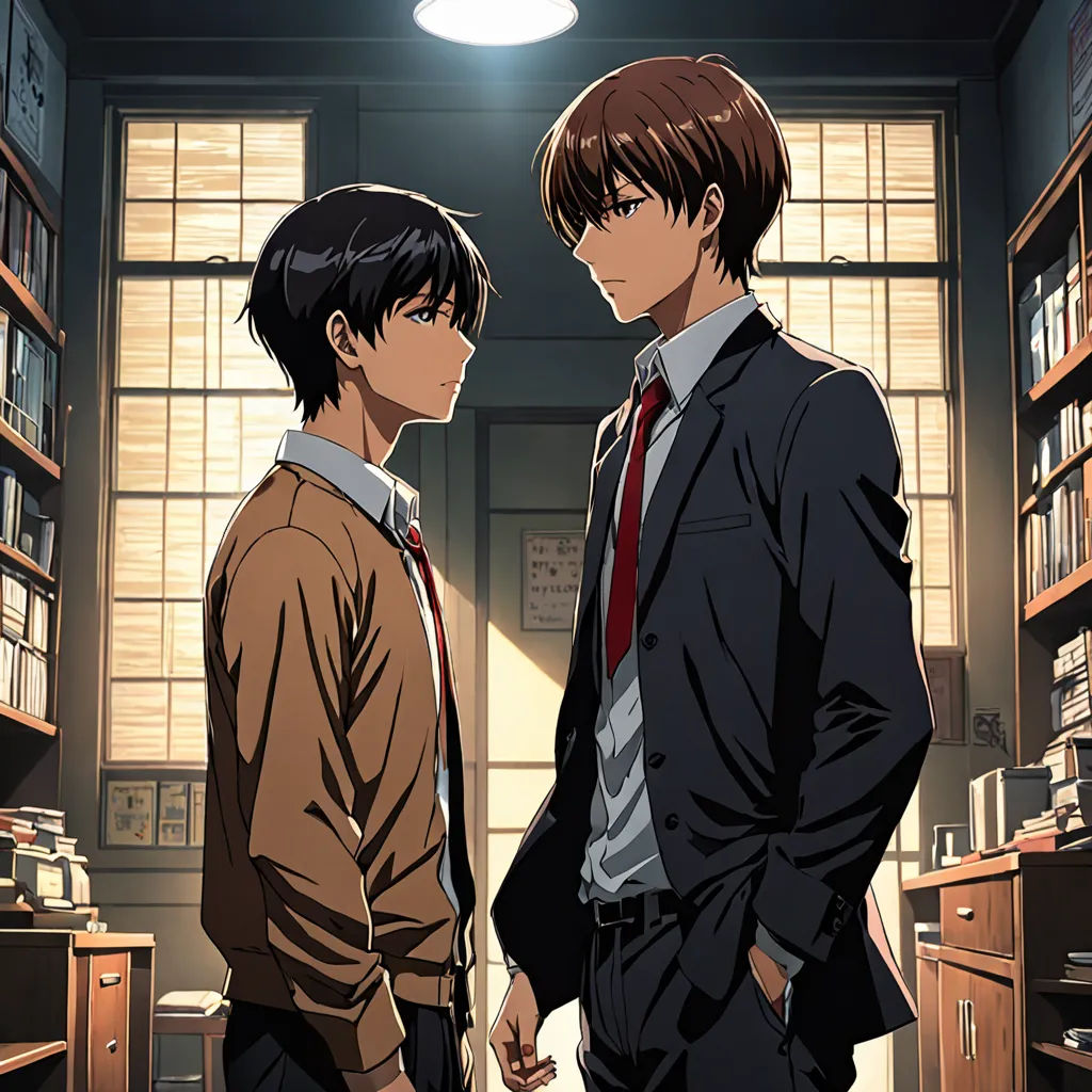 two people standing in a room with a book shelf full of books and a lamp above them and a window, serial art, a poster, Aya Goda, anime key visual