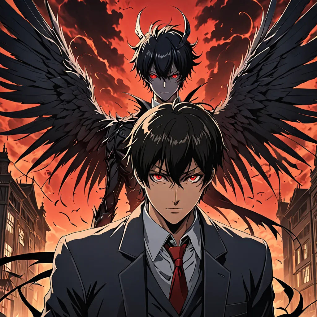 a man in a suit with wings on his shoulders and a demon on his shoulder, standing in front of a city, vanitas, poster art, Aya Goda, anime key visual