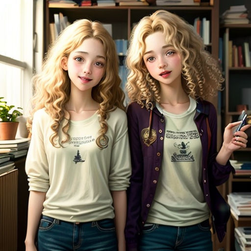 two young girls standing next to each other in front of a book shelf with books on it and a plant in the corner