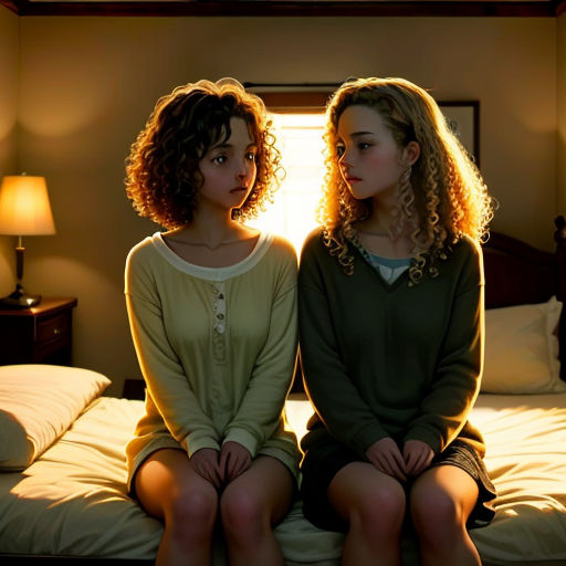 two women sitting on a bed in a room with a window behind them and a lamp on the side