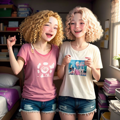 two young girls standing next to each other in a bedroom with a bed and a window behind them,