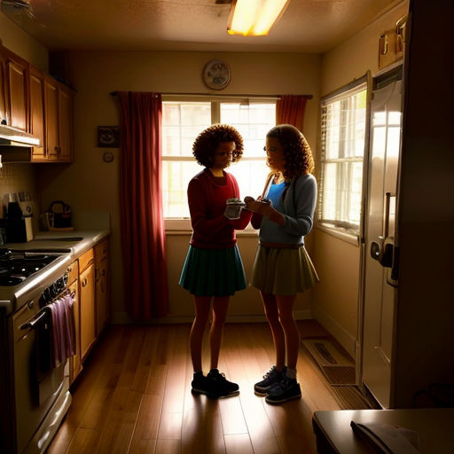two women standing in a kitchen talking to each other and drinking coffee from a mug in front of a window