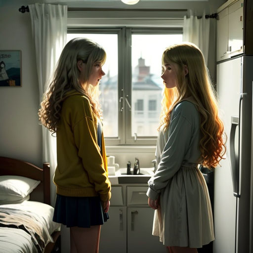 two girls standing in a kitchen looking at each other and talking to each other, with a window in the background