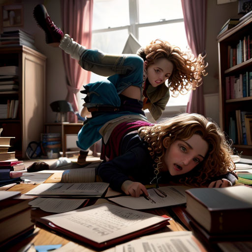 two girls laying on the floor with books and papers on the floor and a window in the background with curtains