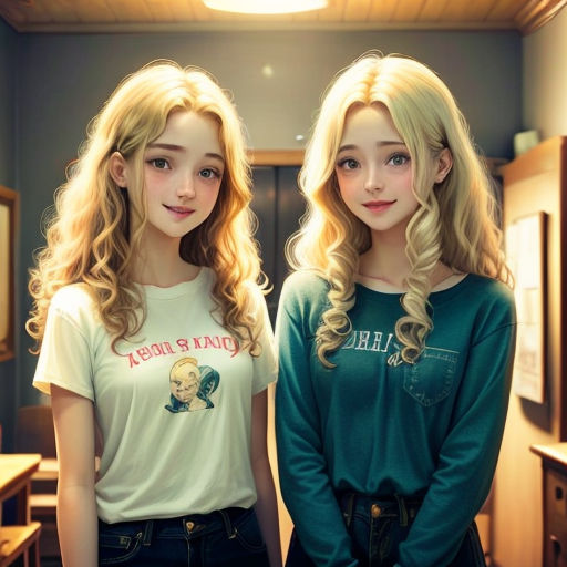 two young girls standing next to each other in a room with a mirror and a desk in the background