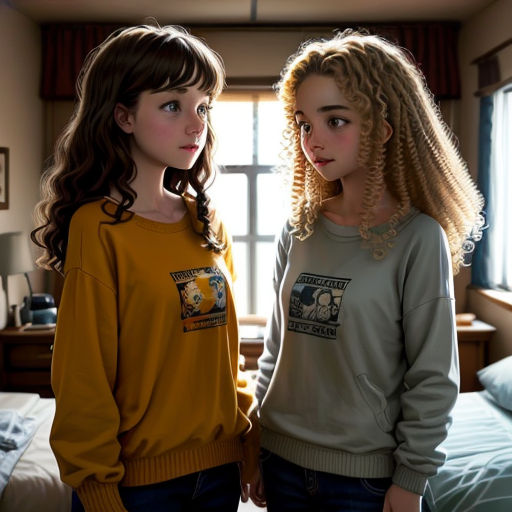 two girls standing in a bedroom next to a bed and a window with curtains on it and a window behind them