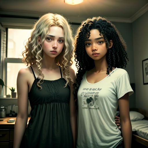 two young women standing next to each other in a room with a bed and a window in the background