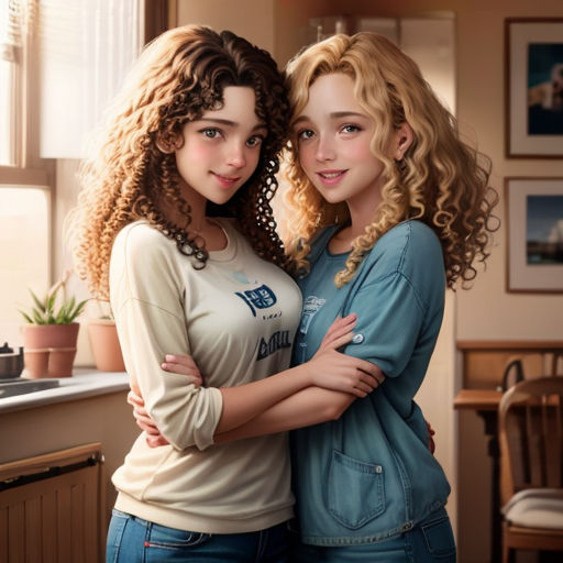two young women standing next to each other in a kitchen together, one of them is hugging the other