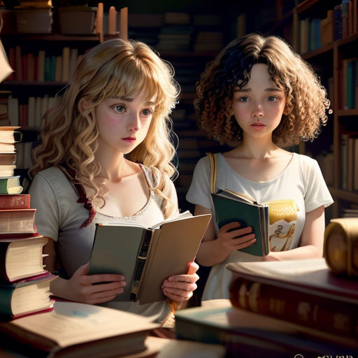 two girls are reading books in a library together, one is holding a book and the other is holding a book