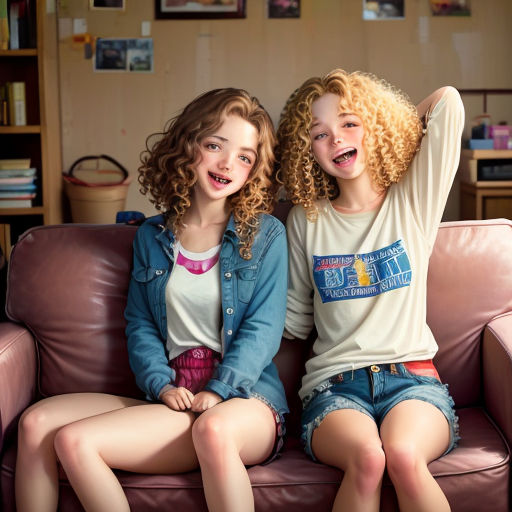 two young girls sitting on a couch with their arms up in the air and smiling at the camera,
