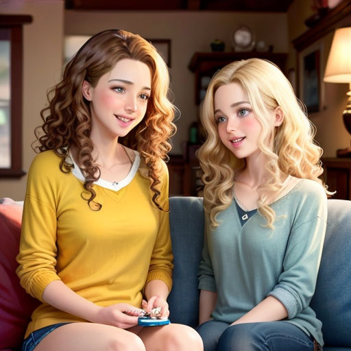 two young women sitting on a couch next to each other, one of them is holding a remote control