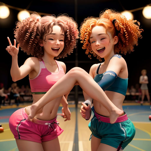 two girls are playing a game of bowling on a court with balls and lights in the background and a woman is smiling