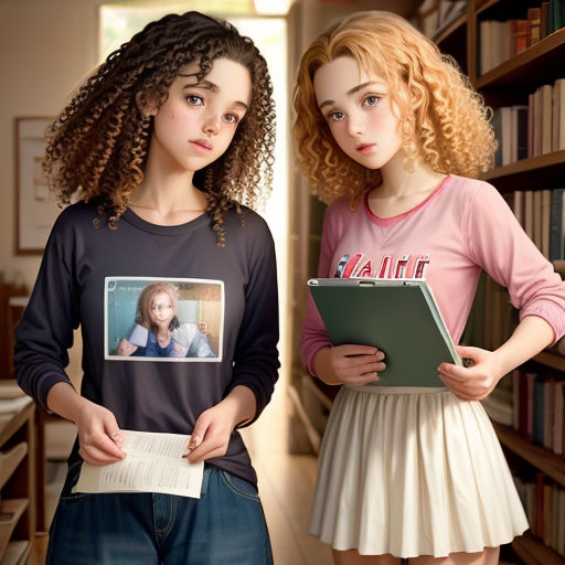 two girls standing next to each other in a library with books on the shelves and a bookcase behind them