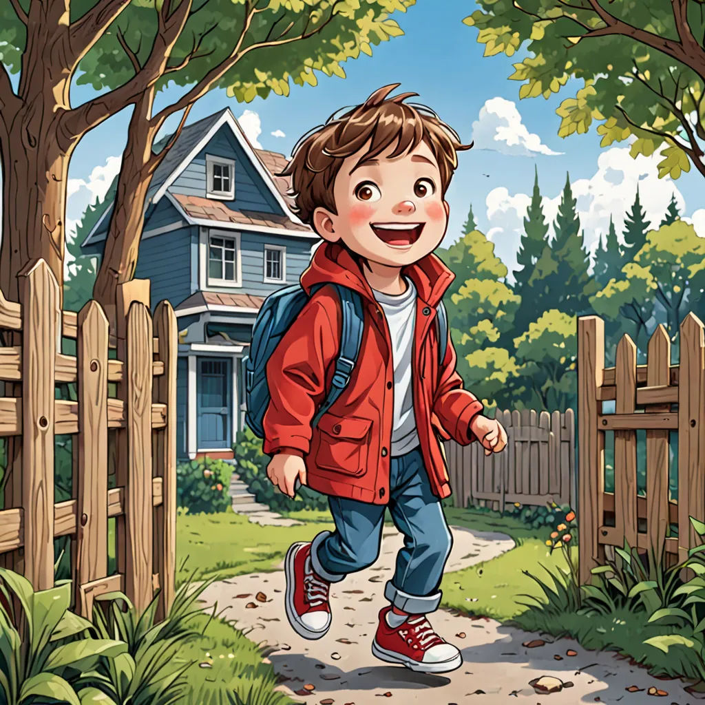 a boy in a red jacket is walking down a path in front of a house and a fence with a tree, american scene painting, a storybook illustration, Cliff Childs, storybook illustration