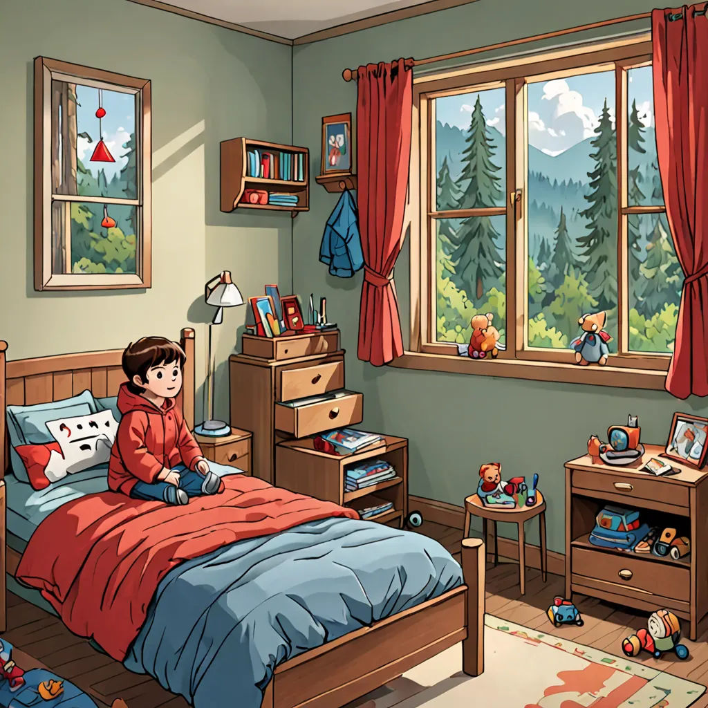 a boy sitting on a bed in a bedroom with a window and a mountain view in the background,, plein air, a storybook illustration, Diego Gisbert Llorens, official art