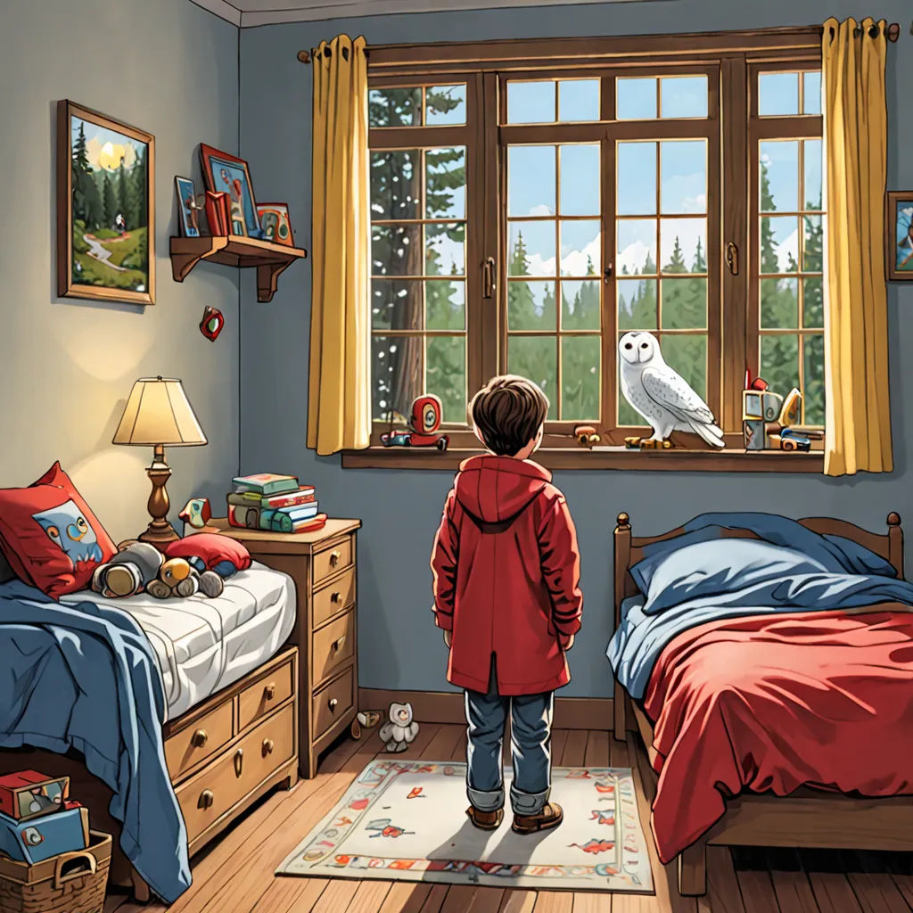 a boy standing in a bedroom looking out the window at a bird perched on the bed and a window with a bird on it, symbolism, a storybook illustration, Diego Gisbert Llorens, storybook illustration
