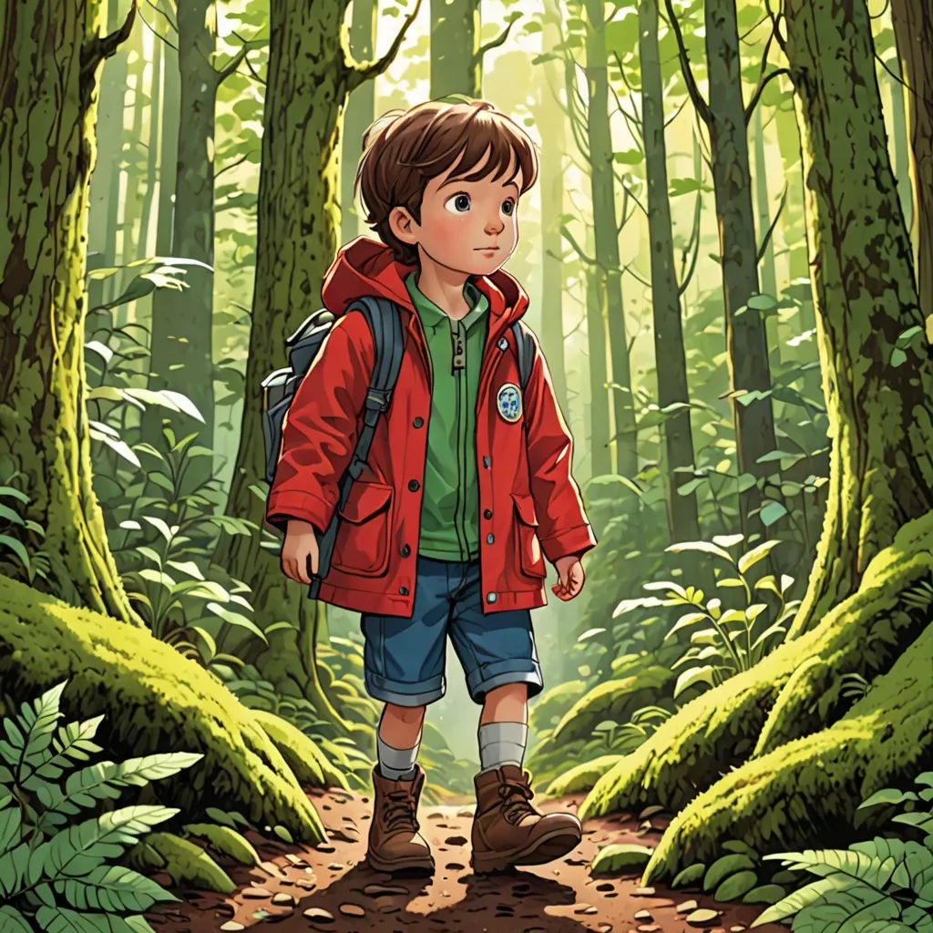 a boy in a red jacket and blue shorts stands in a forest with a backpack on his back and a backpack on his shoulder, photorealism, a storybook illustration, Diego Gisbert Llorens, yukito kishiro