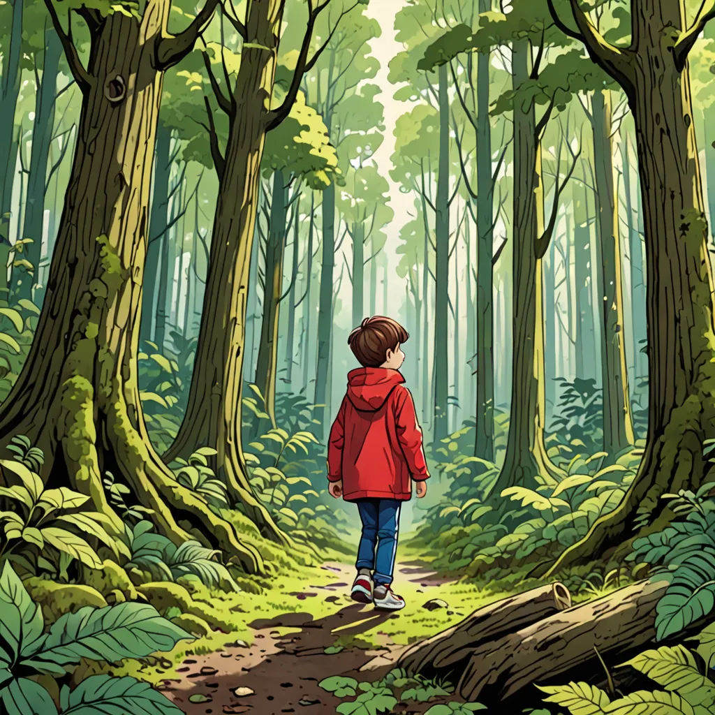a person in a red jacket walking through a forest with trees and ferns on the ground and a trail, environmental art, a storybook illustration, Diego Gisbert Llorens, promotional image