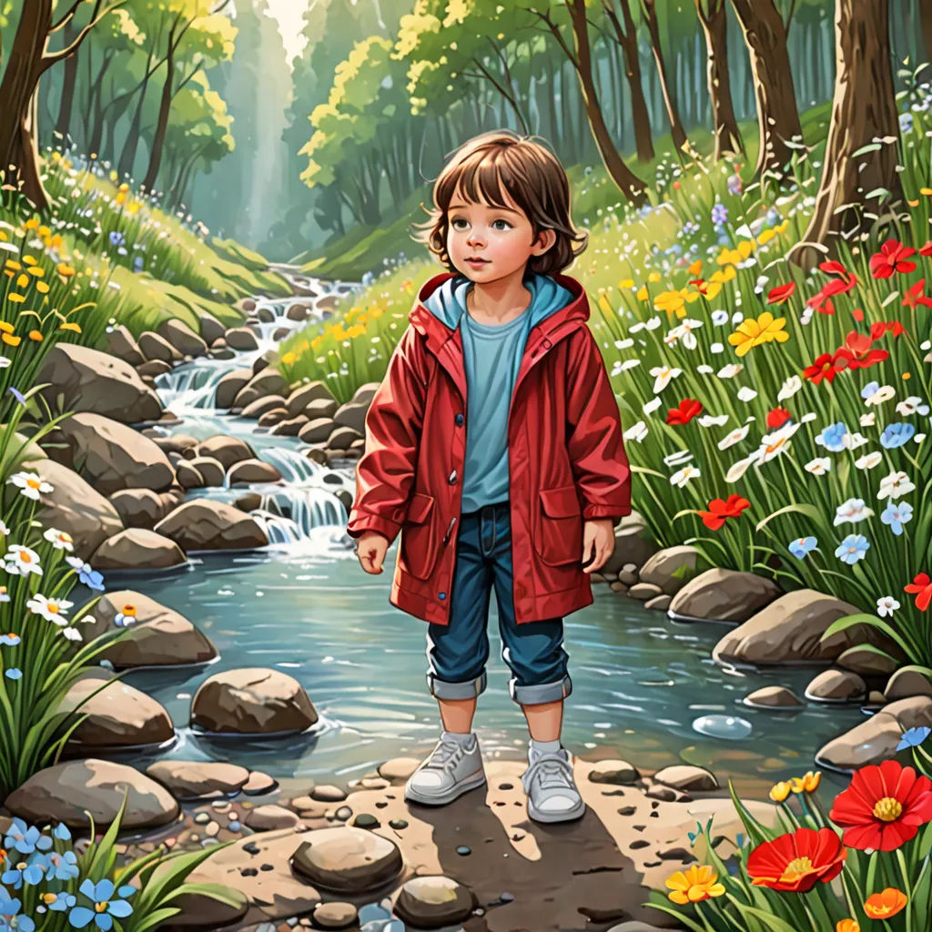 a painting of a little boy standing in a forest with a stream of water and flowers in the foreground, environmental art, a storybook illustration, Aaron Jasinski, storybook illustration