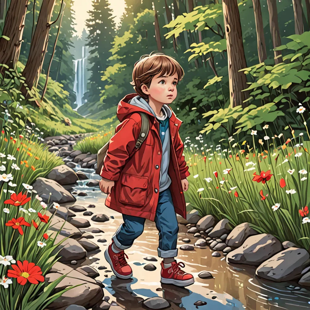 a painting of a boy in a red jacket and red shoes walking in a forest with flowers and rocks, environmental art, a storybook illustration, Dan Mumford, storybook illustration