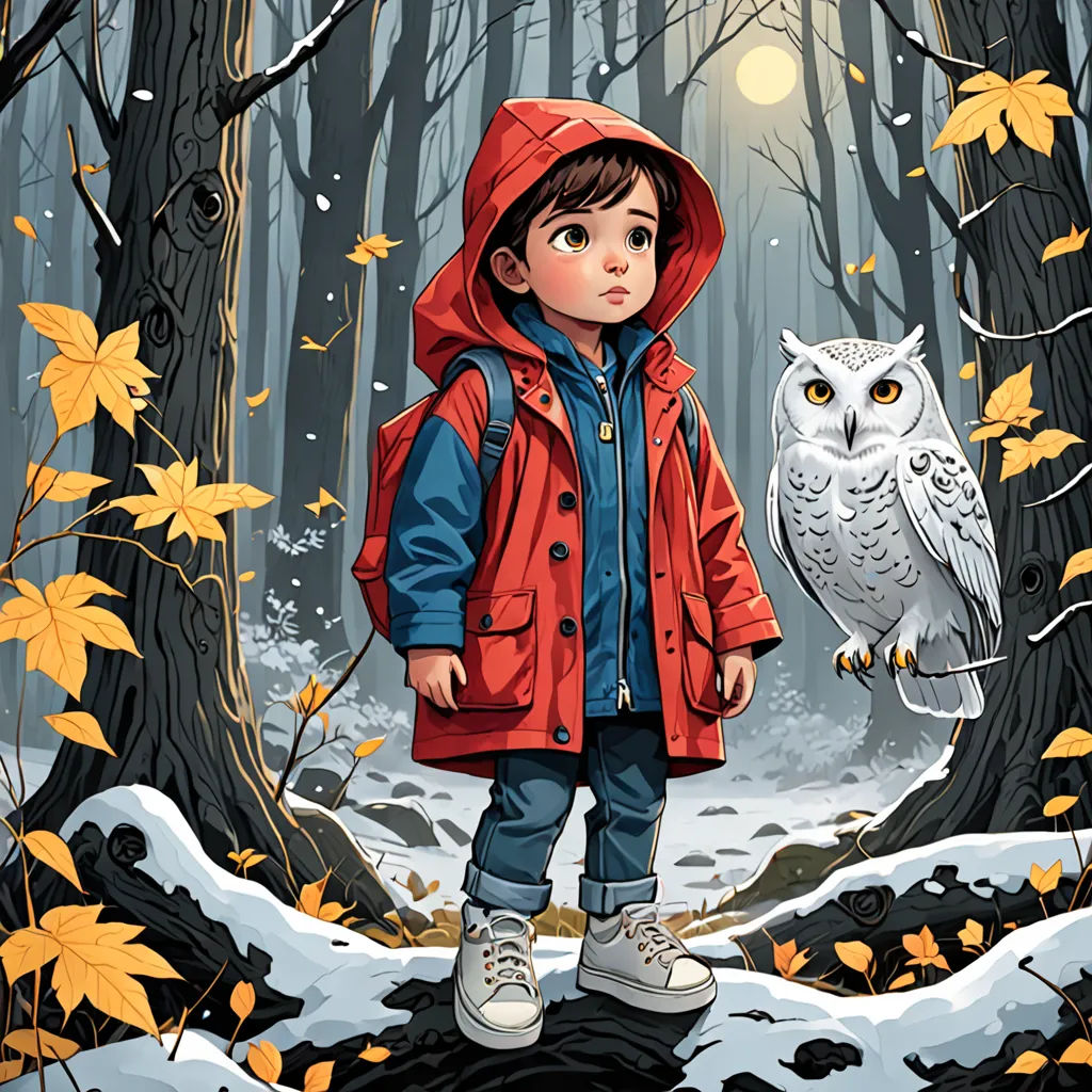 a little boy standing in the woods with an owl on his shoulder and a red jacket on his shoulders, fantasy art, a storybook illustration, Diego Gisbert Llorens, storybook illustration