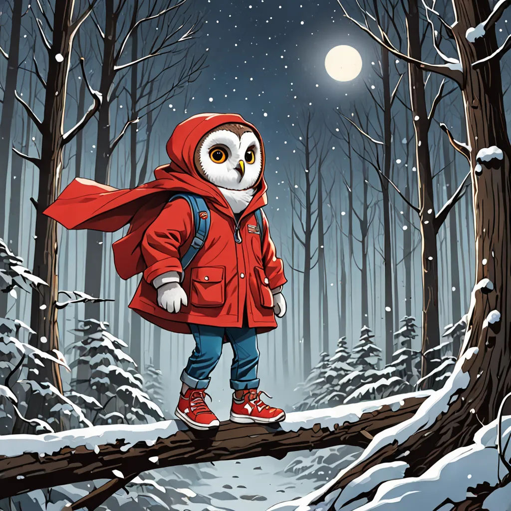 a little girl in a red jacket and red boots is walking across a snowy forest with an owl on a log, pop surrealism, a storybook illustration, Dan Mumford, josan gonzales and dan mumford