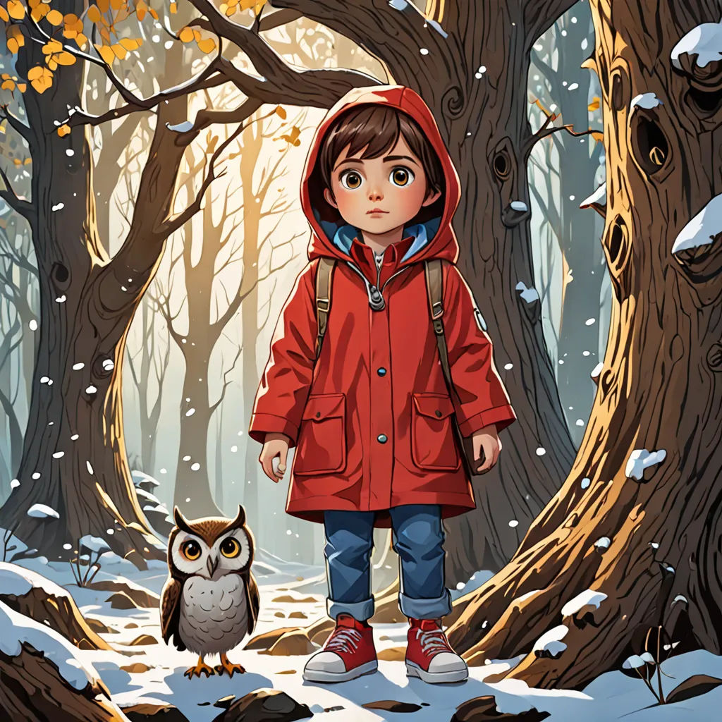 a little girl in a red jacket and an owl in a snowy forest with trees and leaves on the ground, fantasy art, a storybook illustration, Diego Gisbert Llorens, storybook illustration