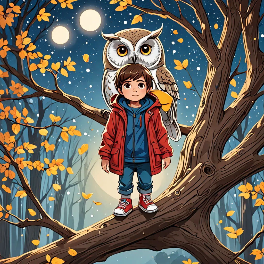a little girl standing on a tree branch with an owl on her head and a full moon in the background, fantasy art, a storybook illustration, Diego Gisbert Llorens, storybook illustration