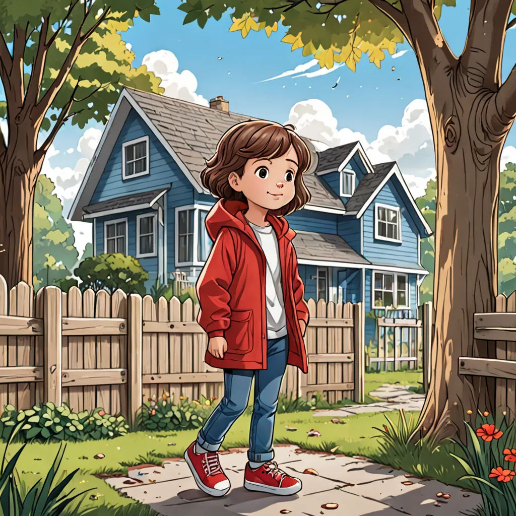 a girl standing in front of a house with a tree in the yard and a fence in the background, american scene painting, a storybook illustration, Cliff Childs, promotional image
