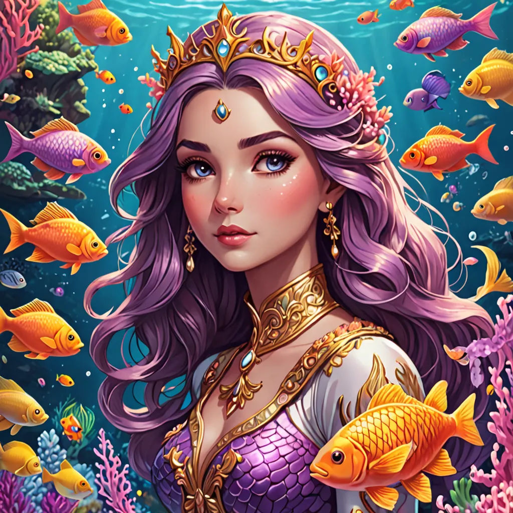a beautiful mermaid with purple hair and a crown on her head is surrounded by fish and corals in the ocean, fantasy art, a detailed painting, Anne Stokes, highly detailed digital painting