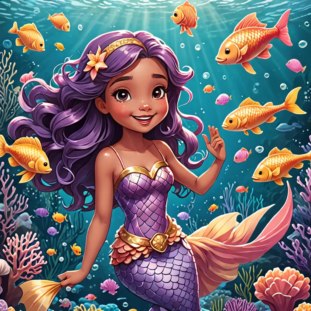 a mermaid with purple hair and a goldfish in her hand is standing in the water with fish around her, pop surrealism, a storybook illustration, Cliff Childs, key art