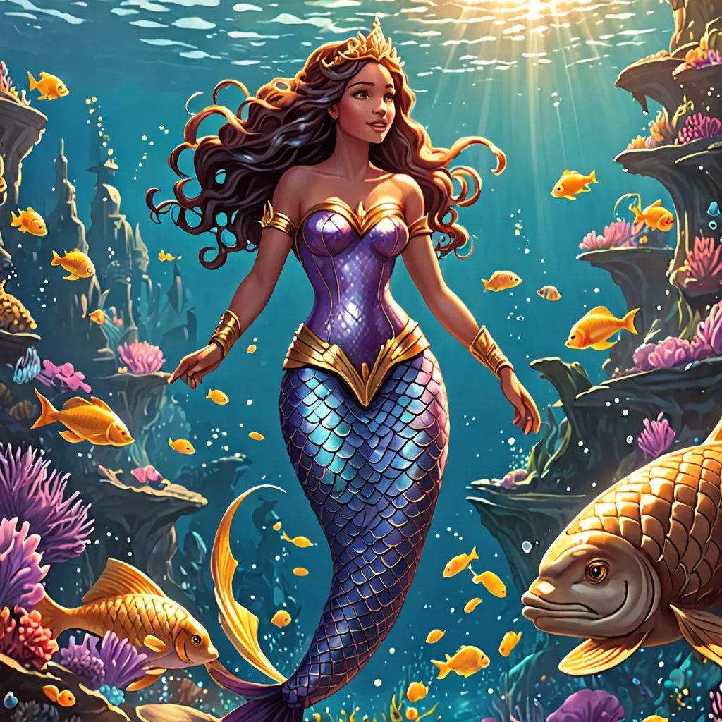 a beautiful mermaid standing in the water with fish around her feet and a fish in her hand, with a sun shining above her, fantasy art, a storybook illustration, Artgerm, rossdraws global illumination