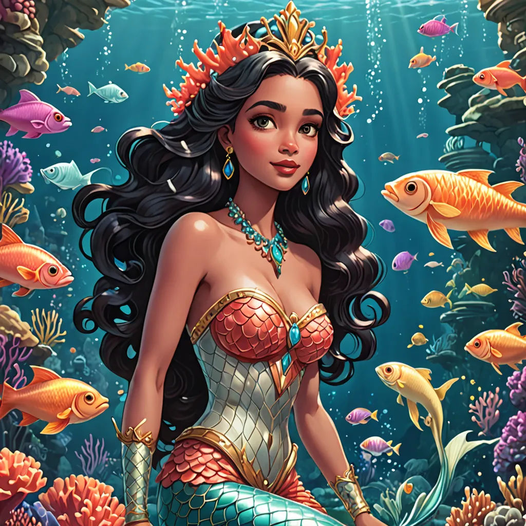 a woman in a mermaid costume sitting on a rock under water with fish around her and a crown on her head, fantasy art, a comic book panel, Artgerm, kinkade