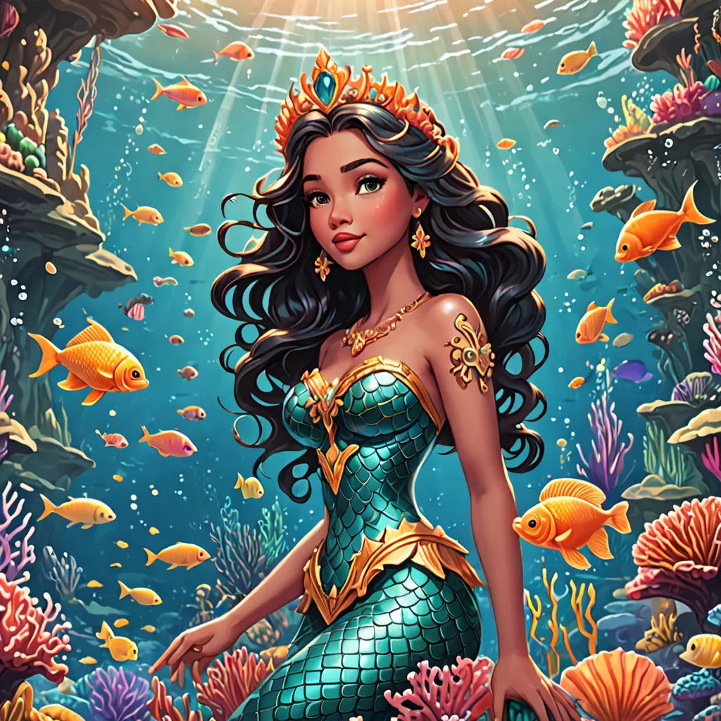 a beautiful mermaid sitting on a rock under the water with fish and corals around her, with a sunbeam above her, fantasy art, a storybook illustration, Artgerm, kinkade