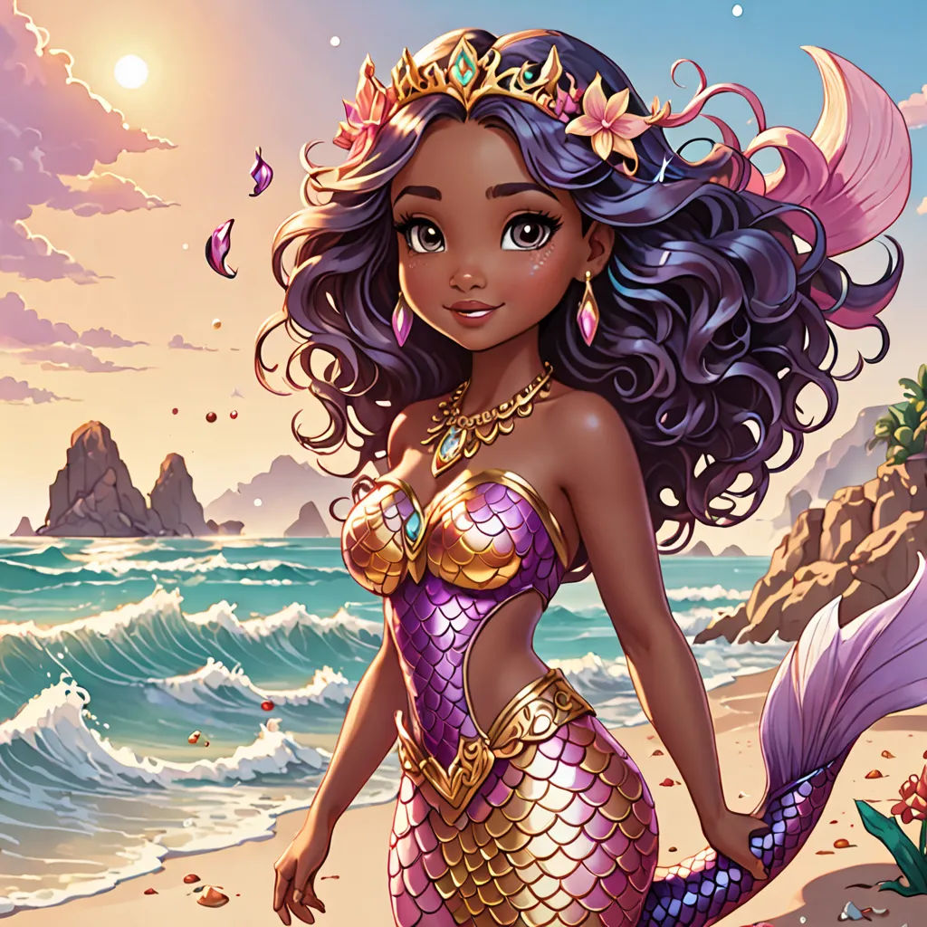 a cartoon mermaid with a purple hair and gold jewelry on a beach with a pink sky and ocean in the background, fantasy art, concept art, Cliff Childs, kinkade