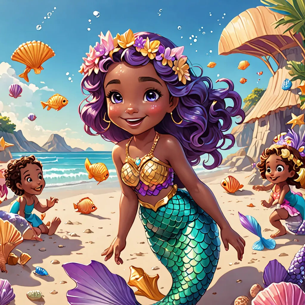 a cartoon mermaid with purple hair and a mermaid tail on a beach with other mermaids and shells around her, fantasy art, a storybook illustration, Chris Rallis, official art