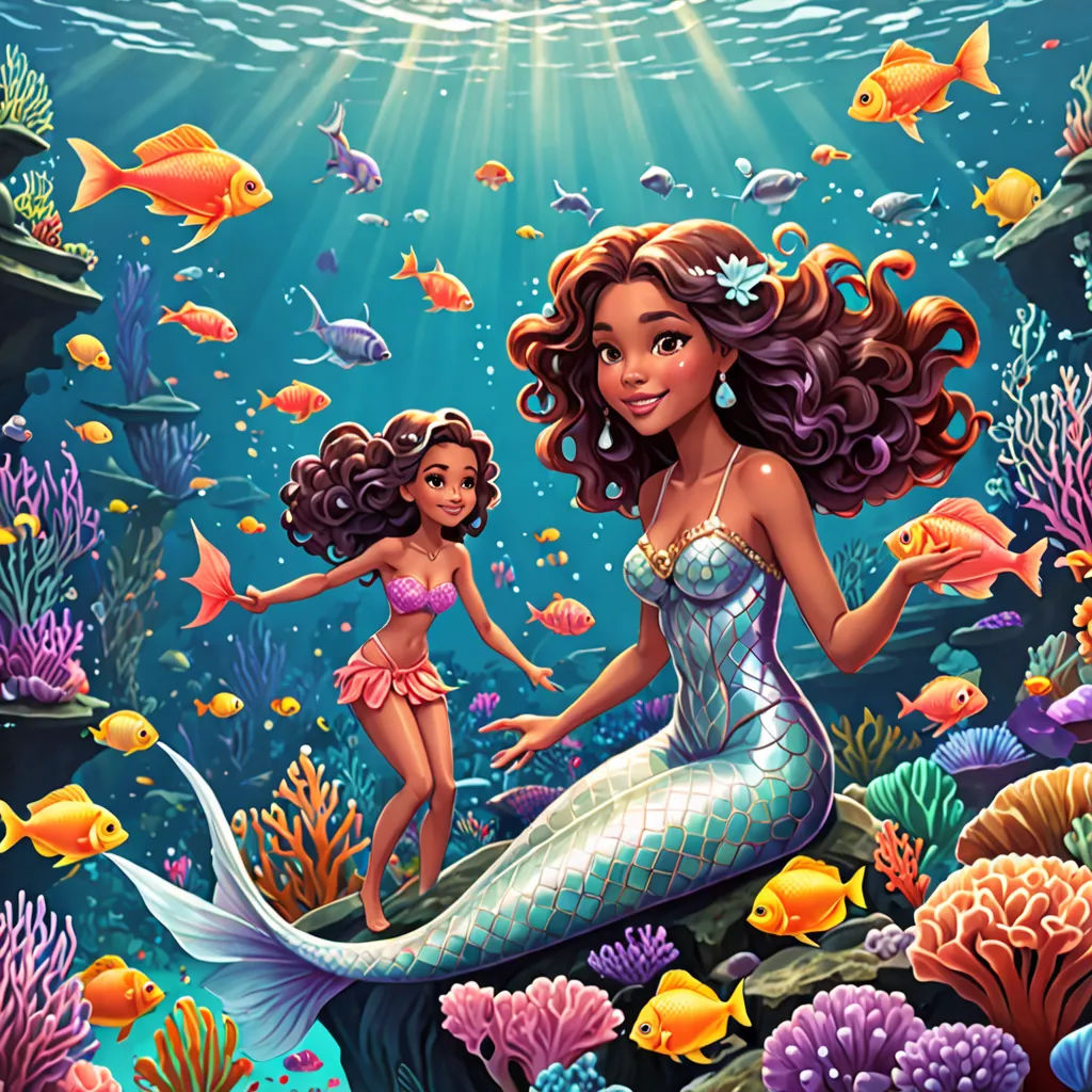 a mermaid and a girl are swimming in the ocean with fish and corals around them, and under the water is a sunbeam, fantasy art, a storybook illustration, Cliff Childs, promotional image