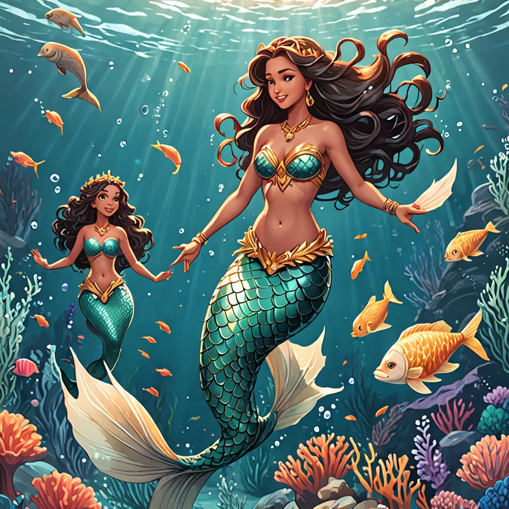 a painting of a mermaid and a mermaid girl in the ocean with fish around her feet and a fish in her hand, fantasy art, a storybook illustration, Artgerm, highly detailed digital painting